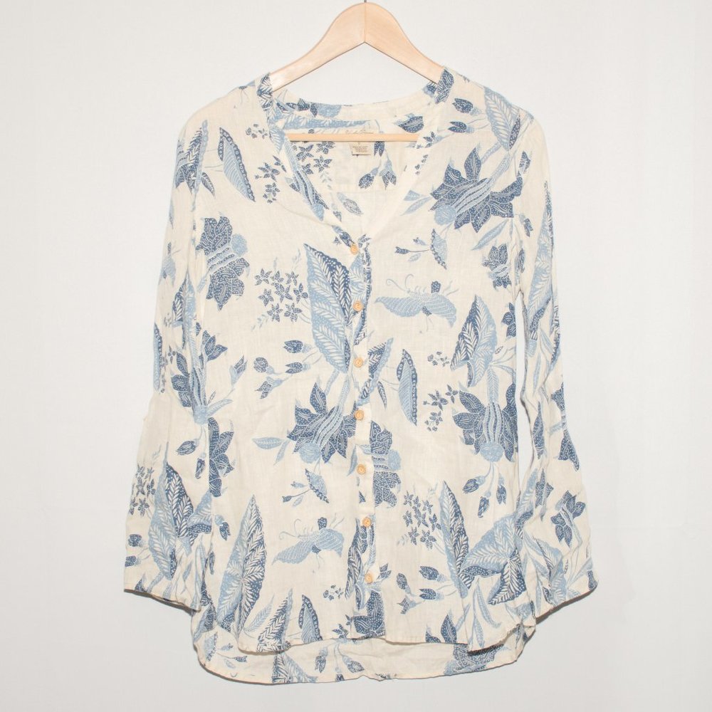Lucky Brand Blue and White Floral Linen Top